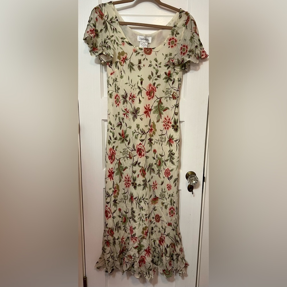 Chadwicks 100% Silk Maxi Dress, Flutter Sleeve, Lined - size (12)
